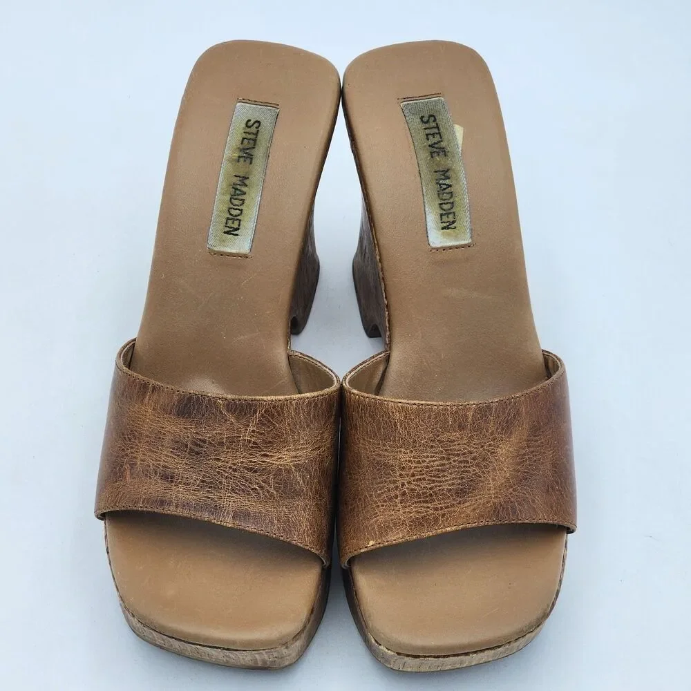 Steve Madden Y2K 90s Platform Leather Wooden Heel Slide On Sandals Brown Size 8